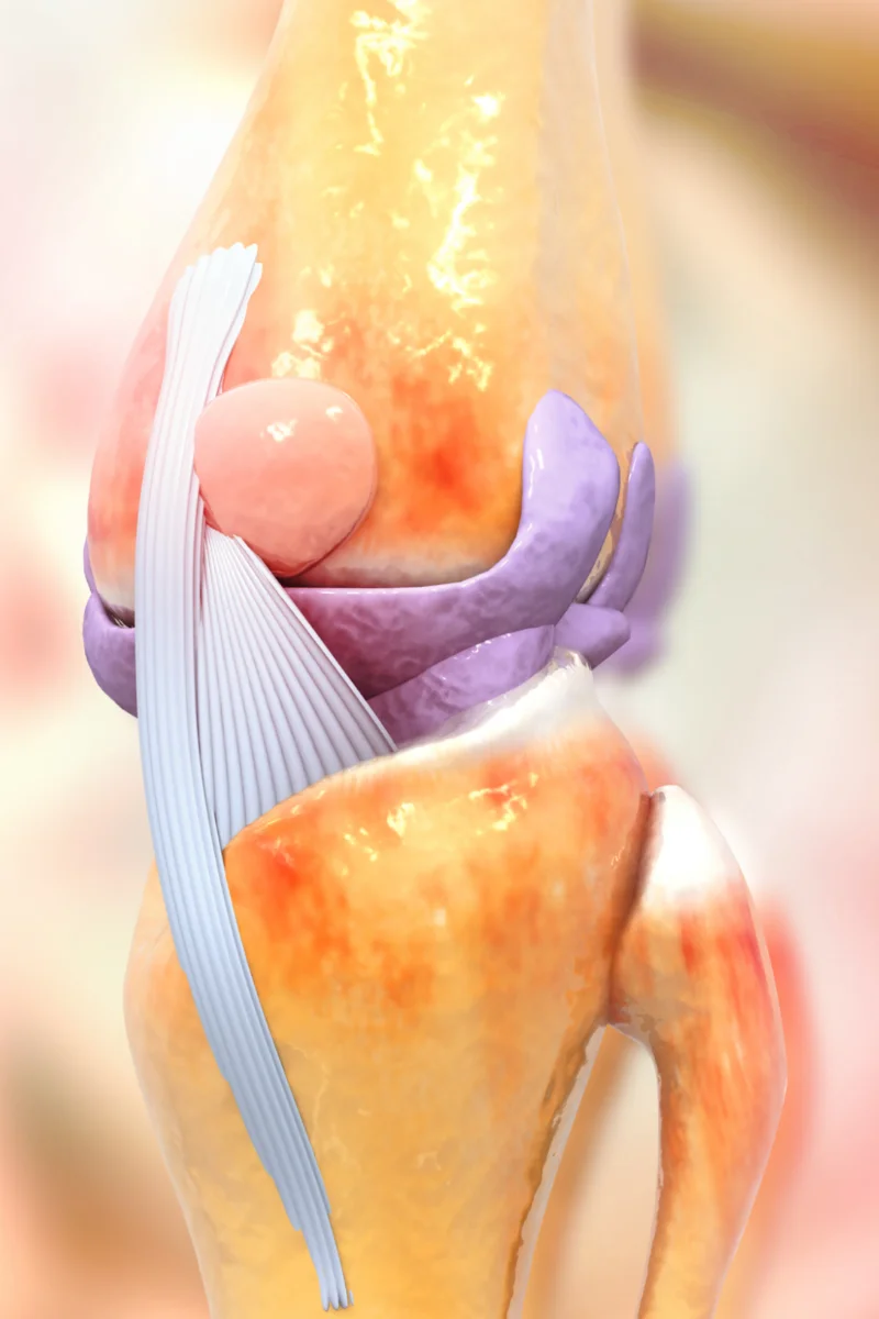 Anatómiai illusztráció a térdízületről és a porcfelszínről, porcpótlás a térdben műtétek magyarázatához. Mozaikplasztika és porcpótló beavatkozások szemléltetése.
